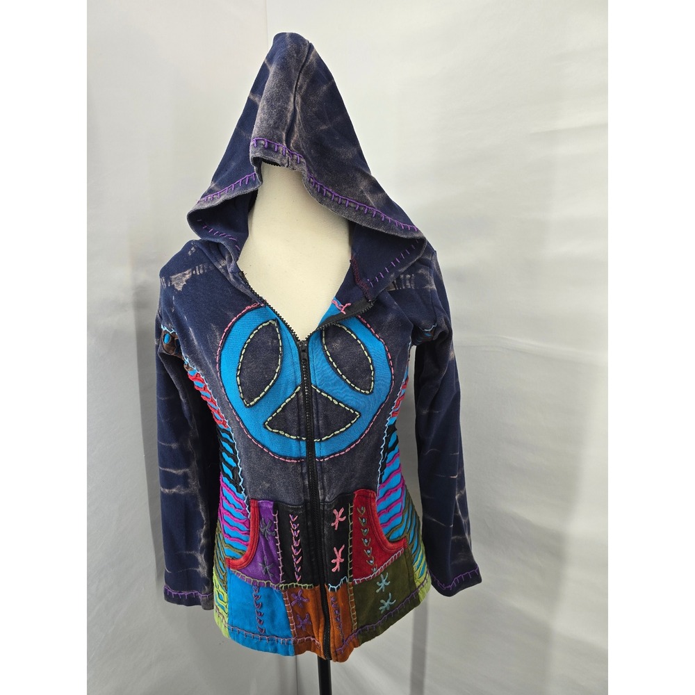 The Collection Royal Peace Sign Patchwork Boho Pixie Hood Zip Up Hoodie XL